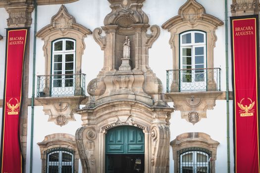 Braga, Portugal - May 23, 2018: View of Braga Town Hall decorated for Braga Romana City Day on a spring day