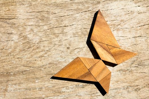 Wooden tangram puzzle in flying butterfly shape background