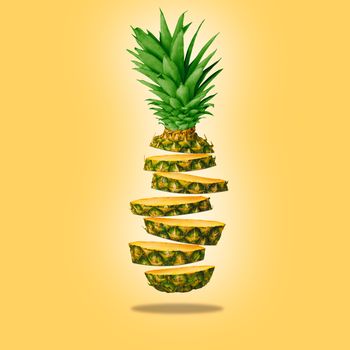 Clean and isolate pineapple levitating on a yellow background. High resolution image. Health concept and healthy food on levitation