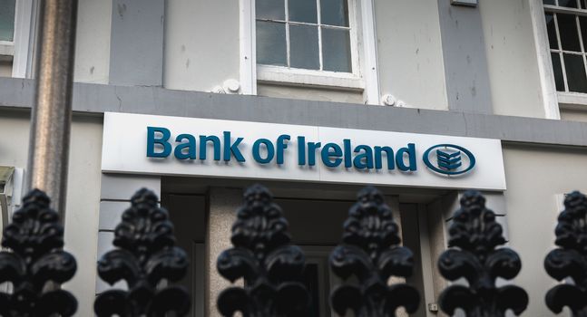 Dublin, Ireland - February 13, 2019: View of the front of a branch of the Bank of Ireland in the historic city center on a winter day