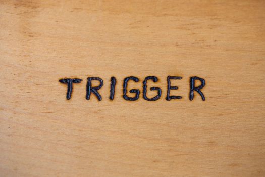 the word trigger handwritten on flat bare plywood surface with woodburner.