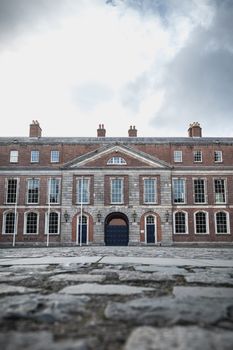 Dublin, Ireland - February 16, 2019: Architectural detail of Dublin Castle which was the seat of British power in Dublin from 1171 to 1922
