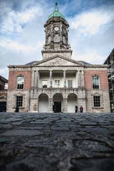 Dublin, Ireland - February 16, 2019: Architectural detail of Dublin Castle which was the seat of British power in Dublin from 1171 to 1922