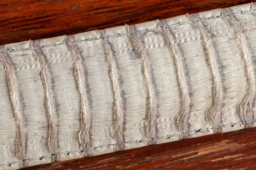 Detail of snake skin belt. A close up of a belt of the most venomous snake King cobra on Bali island in Indonesia. Product from leather workshop. Tanned skin of Ophiophagus hannah. Macrophotography.