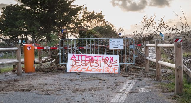 Bretignolles sur Mer, France - October 9, 2019: Attention Ecological Disaster in French on an area of protest in a ZAD (Acronym of Zone to Defend) against the construction of the port of boat