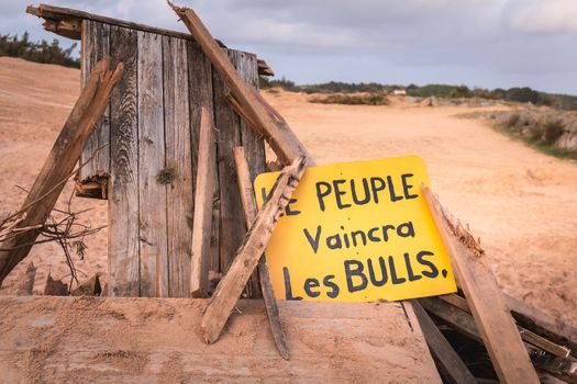 Bretignolles sur Mer, France - October 9, 2019: The People will defeat the buldozer in French on a protest zone in a ZAD (Acronym of Zone to Defend) against the construction of the boat harbor