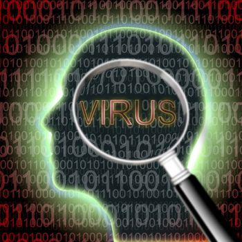 Human head with binary code on background with "virus" written at the center with magnifying glass