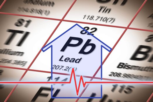 Exposures to Lead in you home - concept image with a Lead chemical element on the Mendeleev periodic table.