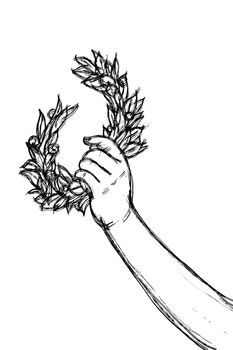 Sketch of hand holding a laurel wreath - Success and fame concept image on white background.