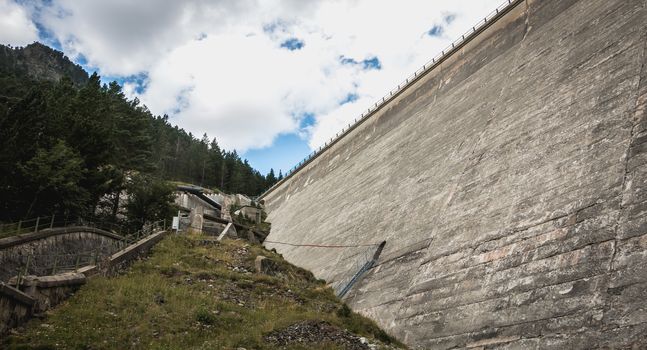 Saint Lary Soulan, France - August 22, 2018: Architecture detail of the Oule hydrolic dam on a summer day