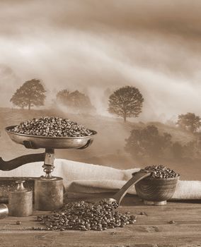 Coffee with scale and coffee beans bag in background.