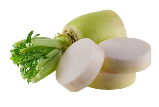 Daikon radishes isolated over a white background.