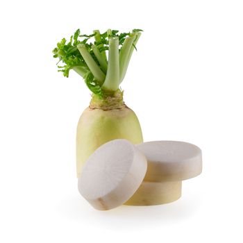 Daikon radishes isolated over a white background.