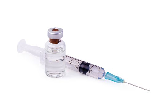 Medical vials for injection with a syringe isolated on white background.