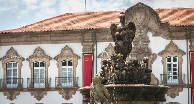 Braga, Portugal - May 23, 2018: View of Braga Town Hall decorated for Braga Romana City Day on a spring day