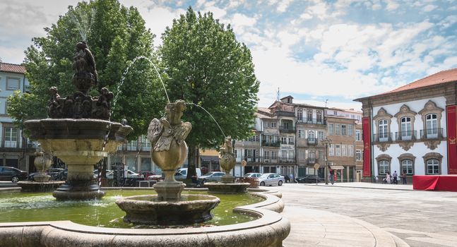 Braga, Portugal - May 23, 2018: View of Braga Town Hall decorated for Braga Romana City Day on a spring day