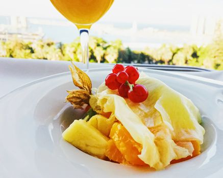 Fruit plate as delicious dessert, food and menu
