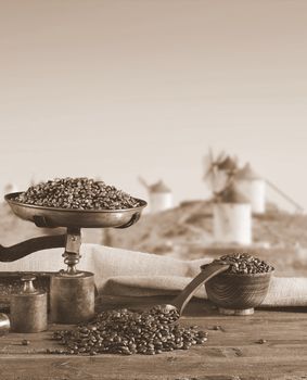 Coffee with scale and coffee beans bag in background.