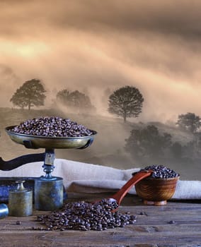 Coffee with scale and coffee beans bag in background.