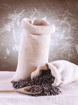 Bag of coffee beans on the table.