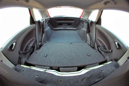 car trunk with rear seats folded, trunk from inside