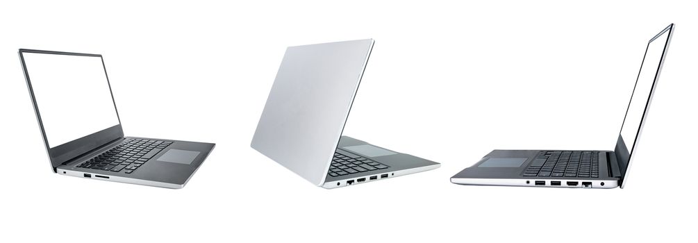 collection, Modern slim design laptop, with blank screen, Aluminum material isolated on white background. template laptop Mock up. File contains with clipping path so easy to work.