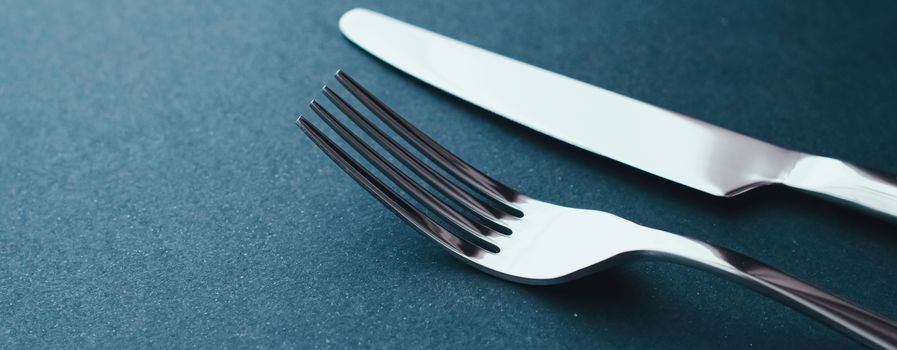 Fork and knife, silver cutlery for table decor, minimalistic design and diet concept