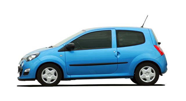 small blue car on white background