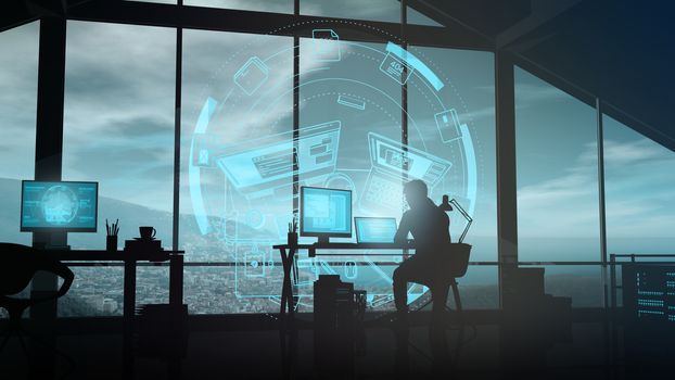 In a modern office with a panoramic window, the silhouette of a web developer at the desk.