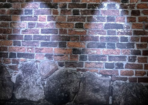 Aged and weathered brick wall textures with bright spotlight illumination