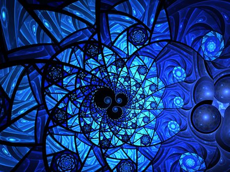 Spiral mosaic fractal pattern. Floral mosaic stain glass composition in blue