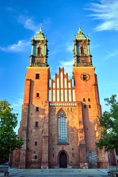 Gothic facade and bell towers of the historic Poznań cathedral