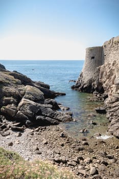 ruin of the old medieval castle south of the island of yeu, Vendee in France on a summer day