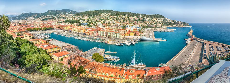 Panoramic aerial view of the Port of Nice, aka Port Lympia, as seen from the Chateau hill, Nice, Cote d'Azur, France