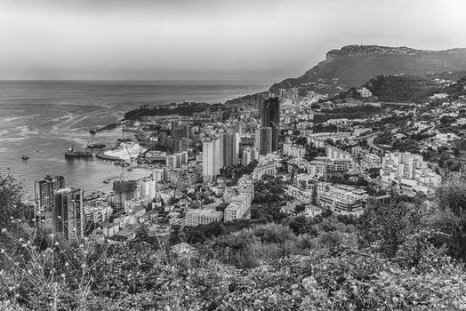 Panoramic view of Monaco at sunset from the Grande Corniche road, iconic landmark in Cote d'Azur, French Riviera