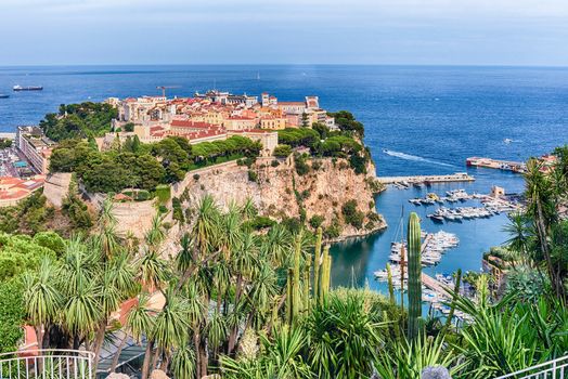 Panoramic view of Monaco City and the port of Fontvieille, Principality of Monaco, Cote d'Azur, French Riviera