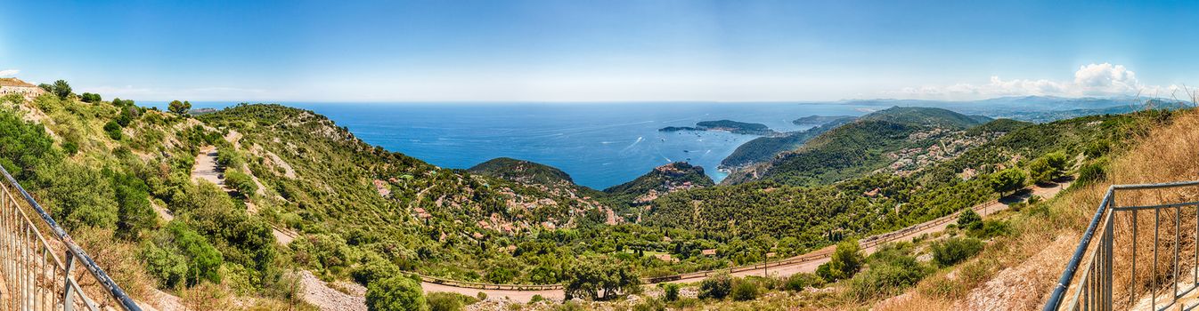 Scenic landscape view over the French Riviera coastline, as seen from Fort de la Revere, near the village of Èze, Cote d'Azur, France