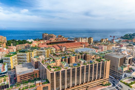 Aerial view of the Louis II stadium. It is located in the Fontvieille district of Monaco, Cote d'Azur, French Riviera