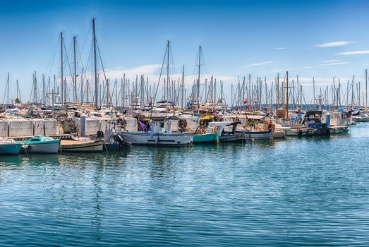 View over the boats of Vieux Port in Le Suquet district, city centre and old harbour of Cannes, Cote d'Azur, France