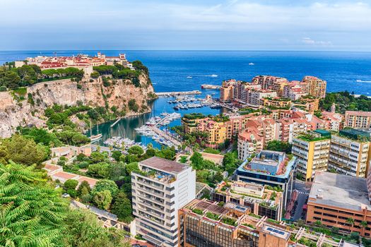 Panoramic view of Monaco City and the port of Fontvieille, Principality of Monaco, Cote d'Azur, French Riviera