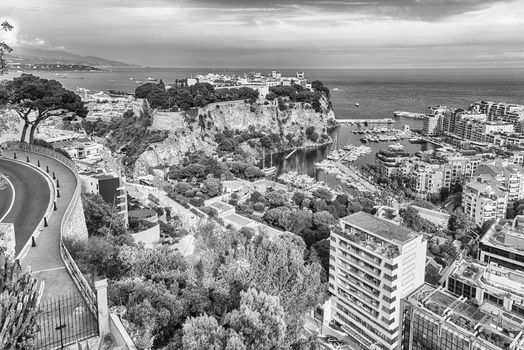Panoramic view of Monte Carlo, La Condamine, Monaco City and the port of Fontvieille, Principality of Monaco, Cote d'Azur, French Riviera