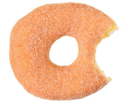 Bitten sugar donut top view isolated on white background.