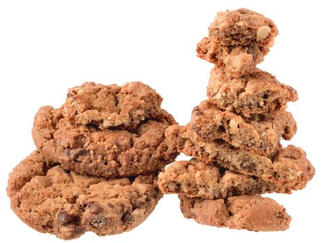 Round muesli cookies with chocolate isolated on white background.