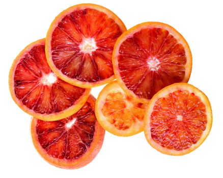 Cut of blood orange and mandarin isolated top view on white background.
