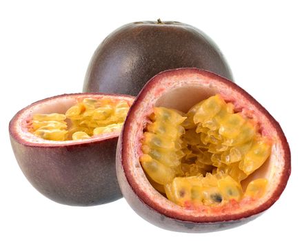 Cut passion fruit close up isolated on a white background.