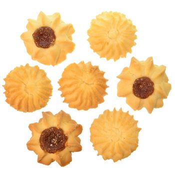 Homemade shortbread cookies with apple jam isolated on white background.