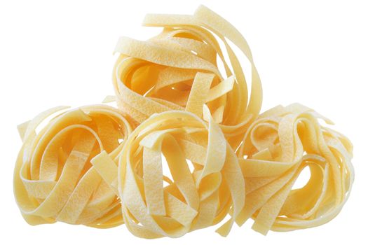 pasta pappardelle nest tower close up on a isolated white background.