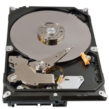 Open housing hard disk drive top view isolated on a white background.