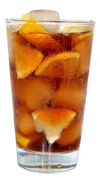 Cola drink with ice cubes and sliced orange in a highball glass on a white background.