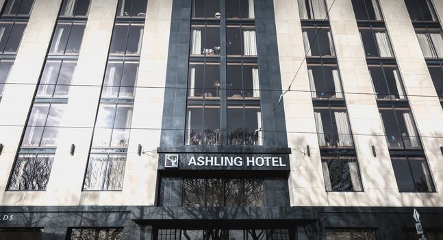Dublin, Ireland - February 13, 2019: Front of the Ashling luxury hotel in the city center on a winter day